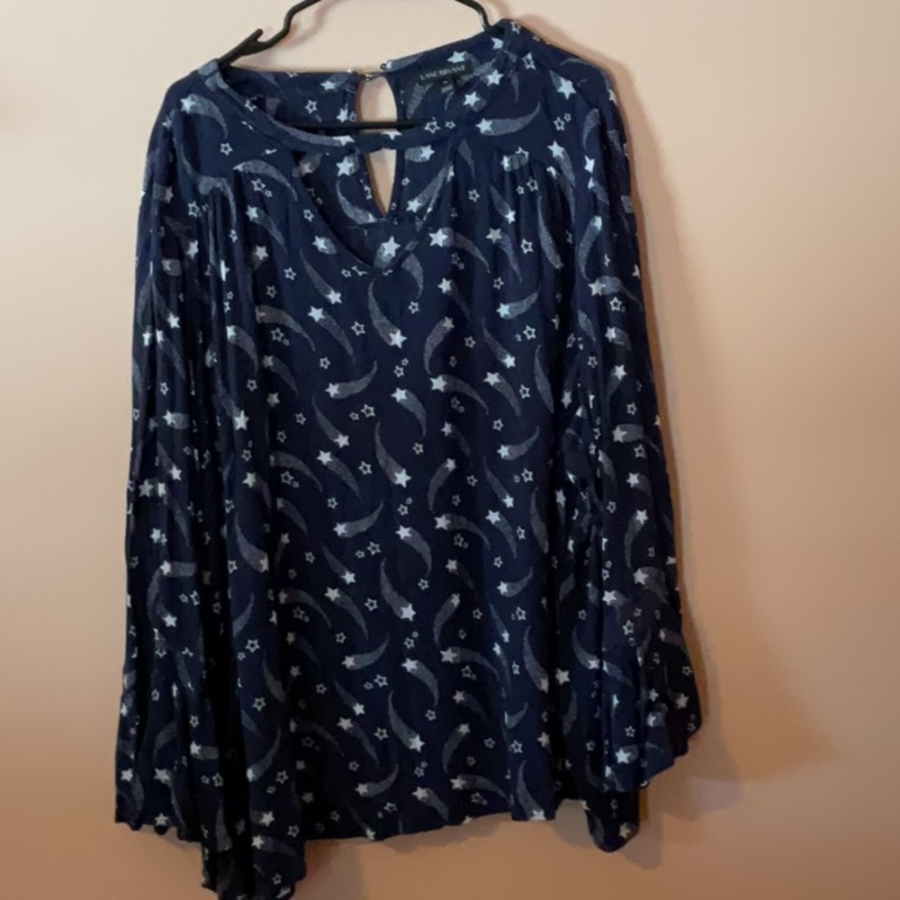 COPY - Ruffled Flared Sleeve Blouse Navy Blue w shooting stars Lane Bryant 24.